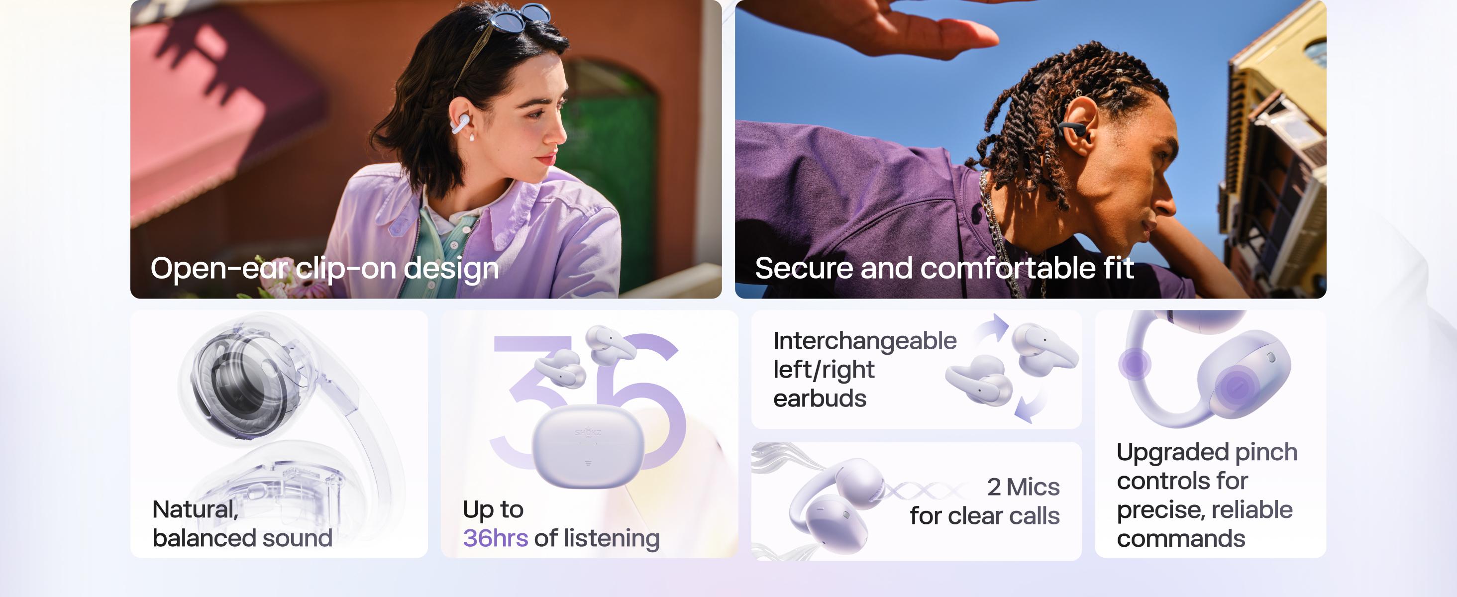 SHOKZ OpenDots Air - Open-Ear, Clip-On Earbuds - Bluetooth 6.1, Up to 36 Hours of Listening, Interchangeable Earbuds, Touch Controls, Dual AI Noise-Canceling Microphones, IP55, Bassphere Technology, DirectPitch Technology