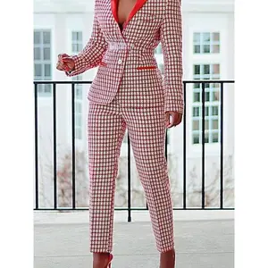 Elegant plaid blazer and long pants set for women, autumn–winter classic two-piece suit for ladies, one-buckle long-sleeve blazer top, straight-leg pantsuit, trendy fashion 2026 outfit