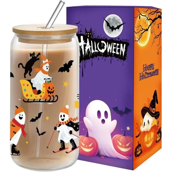 Halloween Fall Gift  Glass Cup 16 oz with Lid & Straw- Spooky & Cute Ghost Bat Pumpkin Tumbler Glass Halloween Tumbler, Fall Iced Coffee Cup, for Women Teens (Spooky Activities)