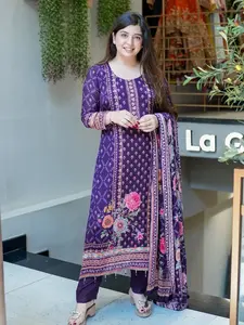 Premium Chinon Silk Pakistani Floral Mirror Work Suit 3 piece set