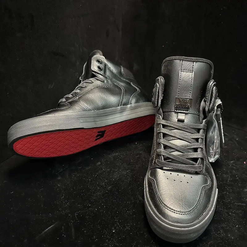 Supra Vaider HF High Top Skate Shoes Black Red Sole Crinkled Leather Streetwear