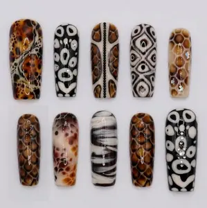 Handmade Amber Marble Press On Nails | 3D Rhinestone & Abstract Pattern Art | Luxury Neutral Brown Coffin Nail Set