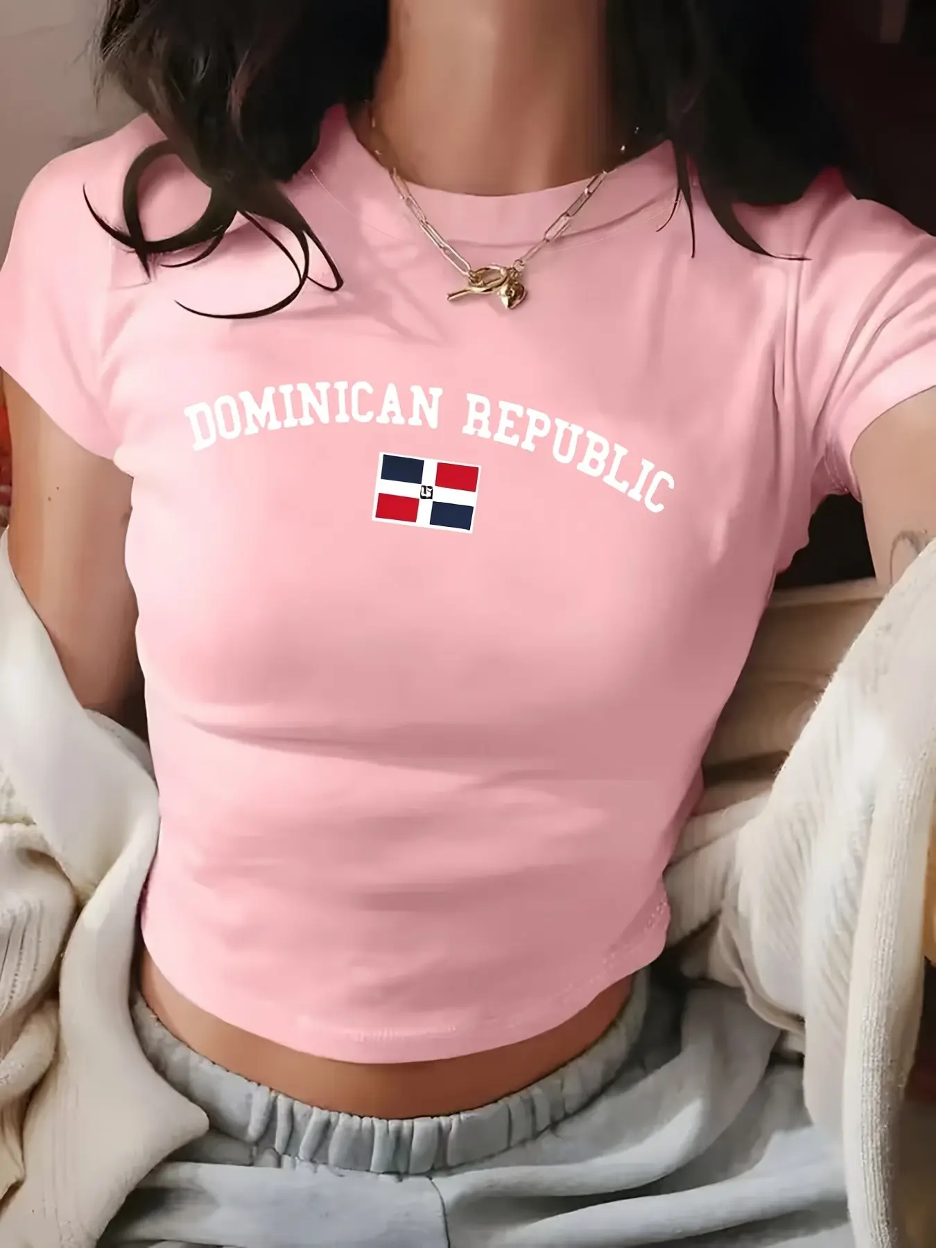 Women's Summer Short Sleeve Round Neck T-Shirt, Fashion Casual Graphic Print, Dominican Republic Flag Design, Fitted Style, No Button, No Zipper, No Collar, Tops