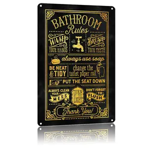 8×12 inch aluminum bathroom rules wall art, vintage gold-and-black printed bathroom decor sign, retro farmhouse bathroom decoration poster