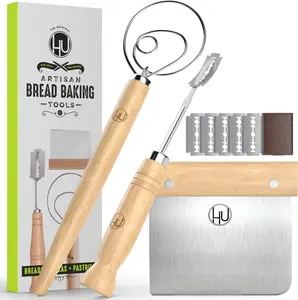 Bread Making Tools Set of 3 – Danish Dough Whisk, Bread Lame & Bench Scraper for Sourdough, Pizza & Pastry Baking