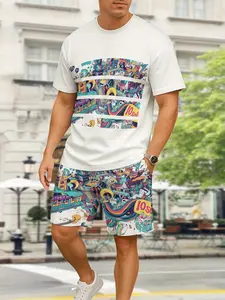 Summer Essential Men's Street Casual Fitted Set, Artistic Colorful Graphic Print Short Sleeve Knit Tee & Fun Pattern Shorts, Urban Style Outdoor Wear