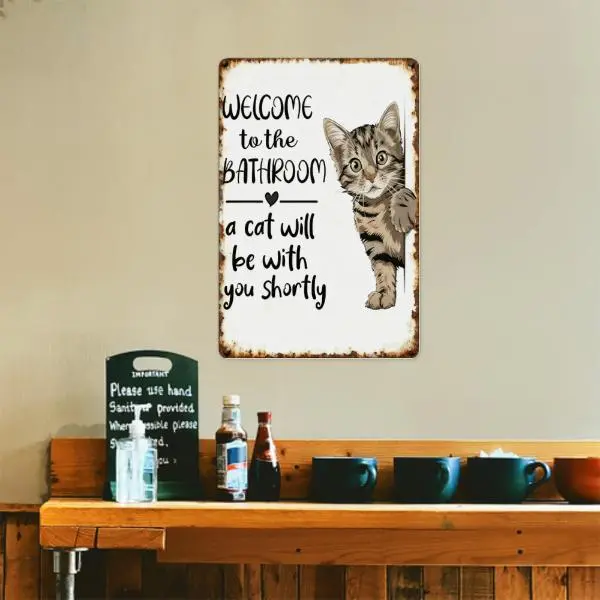 2D Flat, 1pc Playful Cat Illustration Aluminum Wall Art Sign - "Welcome to the Bathroom a Cat Will Be with You Soon" Humorous Decor for Restroom, Powder Room, or Lavatory - 8x12 Inch (20x30cm) - Durable Metal Plaque with Classic Style, No Frame Needed, Pe