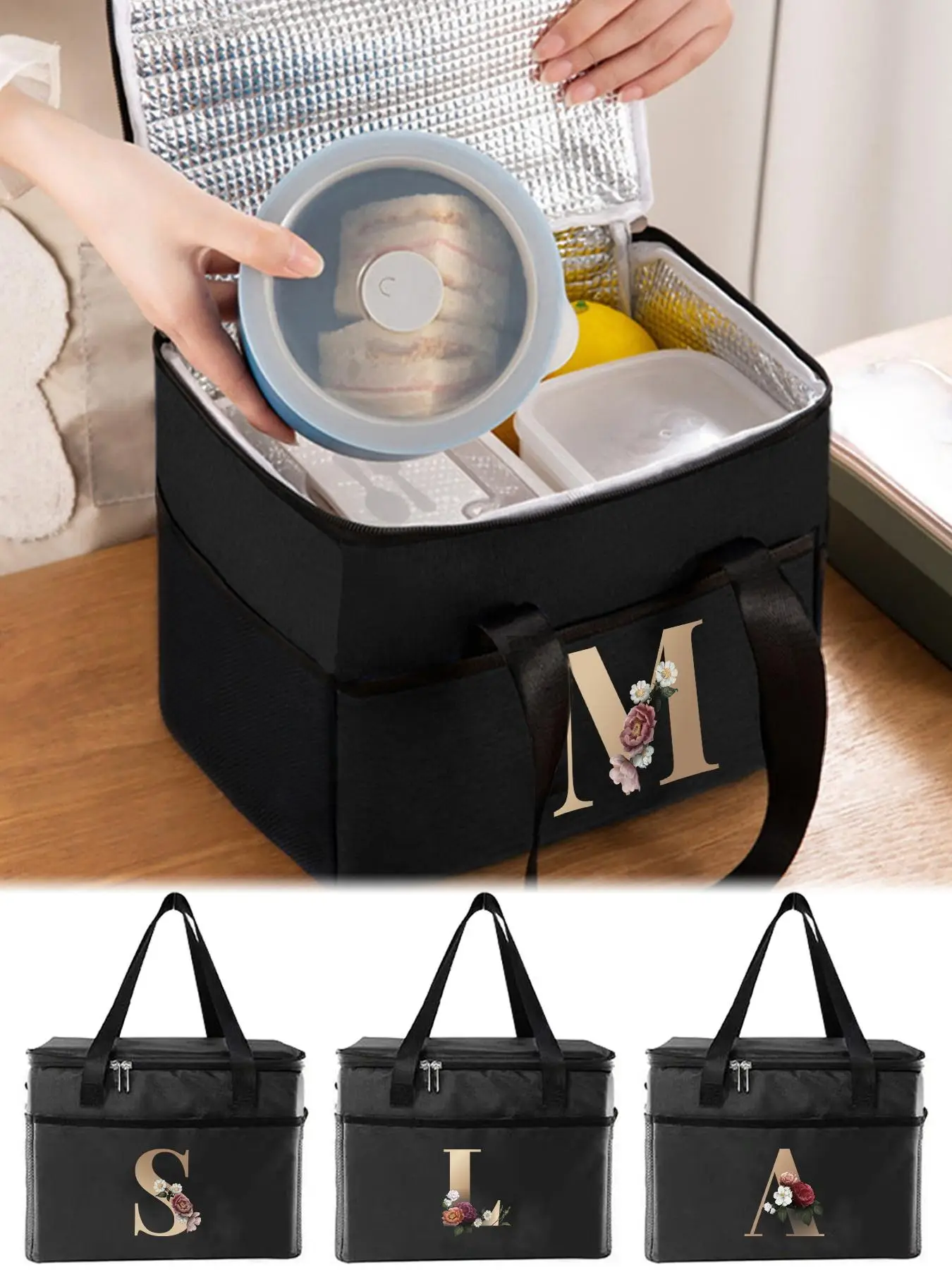 Letter A-z & Floral Pattern Lunch Bag, Durable Waterproof Insulated Lunch Bag, Portable Lunch Box Bag for Travel & Commuting & School & Picnic & Campi