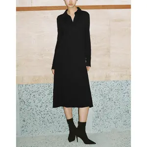 URBAN REVIVO Women's 2026 Spring New Basic Long-Sleeve Ribbed Knitted Dress, Minimalist Collared Half-Placket A-Line Midi, Skinny-Fit Polyester Blend Soft Casual Wear, UWG740003
