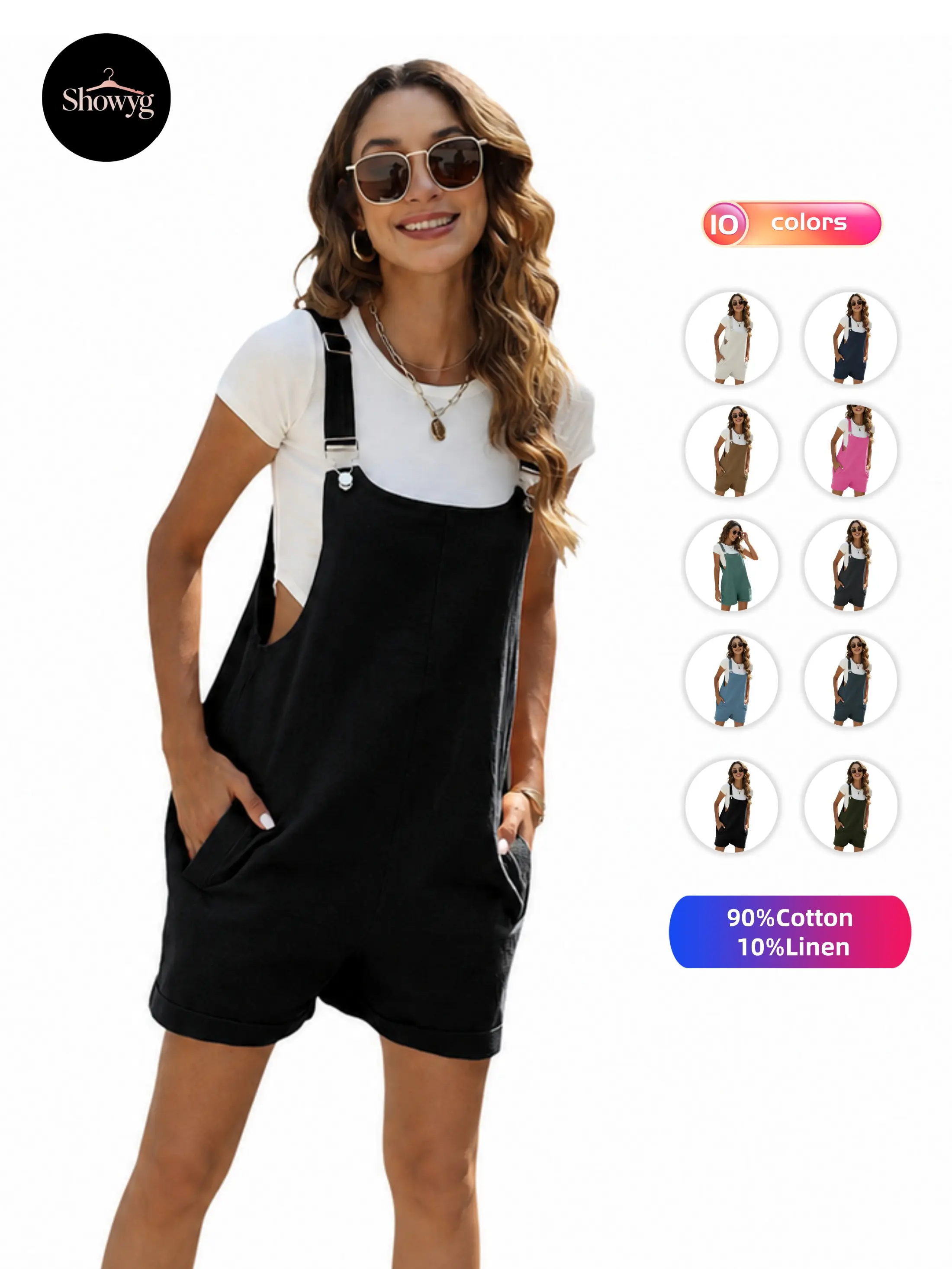 Showyg Women's Cotton Linen Sleeveless Bib Shortalls with Strap, Pockets - Casual Wear Overalls for Women Ideal for Summer