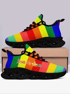 Men's Rainbow & Letter Print Lace Up Sneakers, Casual Comfortable Breathable Sports Running Shoes, Male All-match Round Toe Athletic Shoes for Daily Wear