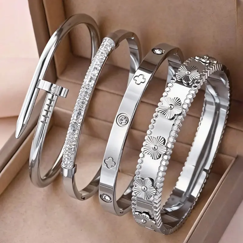 Elegant 316L Stainless Steel Bracelet Set 5-Piece White Gold Plating Cubic Zirconia for Women Girls Daily Wear Luxury Fashion Accessory Trendy Jewelry R2109