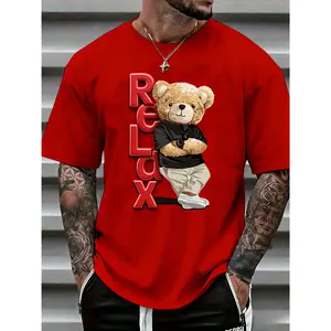 100% cotton men's trendy bear print comfortable regular shoulder short-sleeve T-shirt