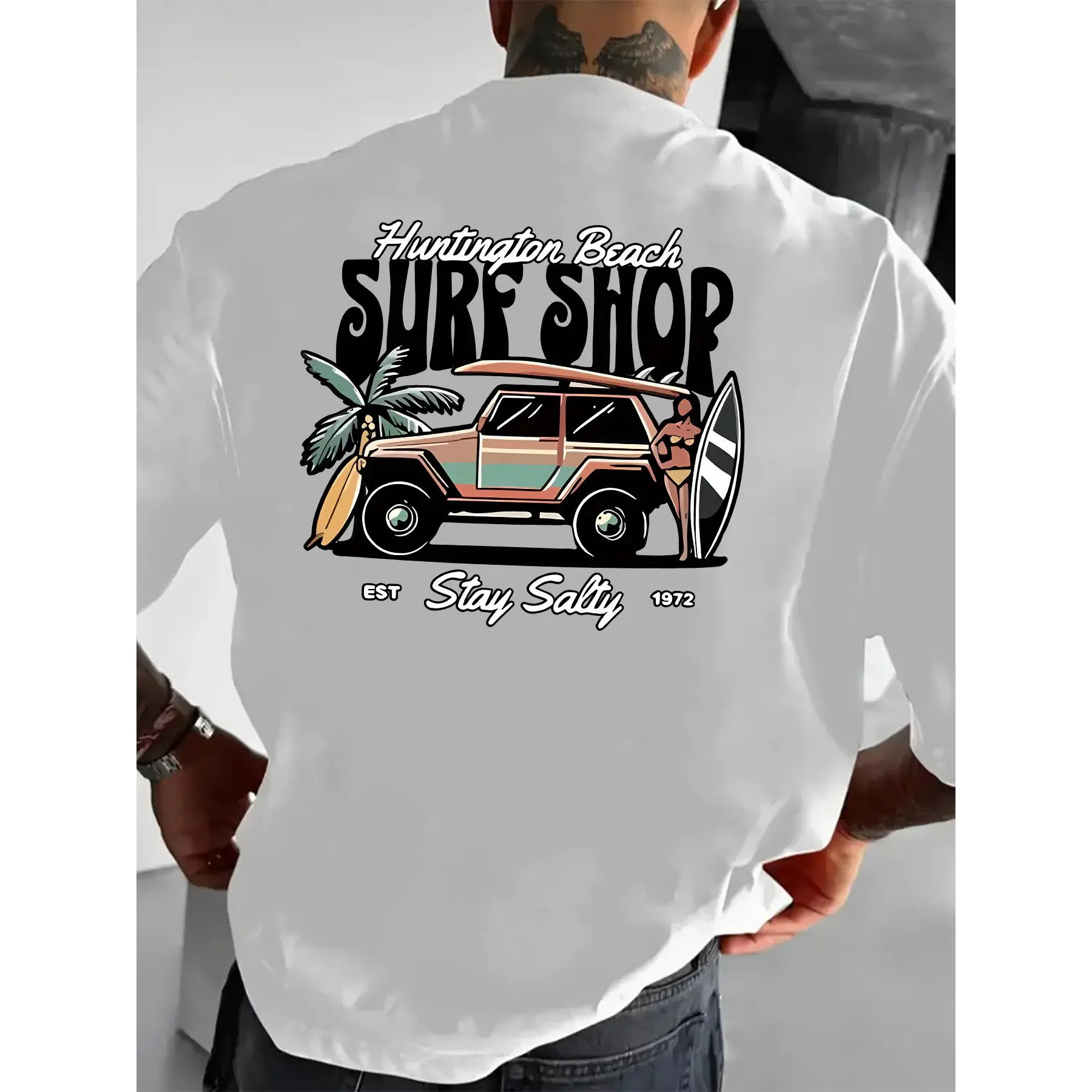 Men's Retro Surf Shop Graphic T-Shirt - Huntington Beach Surf Shop Design with Vintage Van & Surfboard, Breathable Round Neck Short Sleeve, Casual Comfort Fit for All Seasons, Surfing Shirts