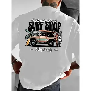 Men's Retro Surf Shop Graphic T-Shirt - Huntington Beach Surf Shop Design with Vintage Van & Surfboard, Breathable Round Neck Short Sleeve, Casual Comfort Fit for All Seasons, Surfing Shirts