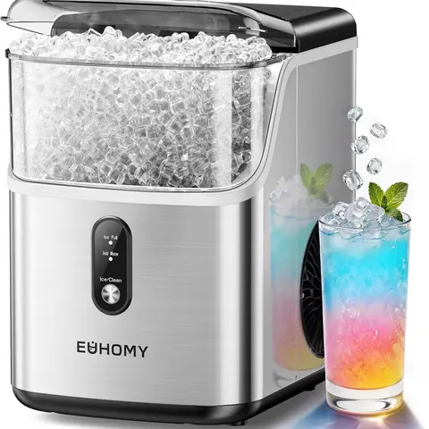 Euhomy Countertop Pellet Icemaker - 35lbs/24H Stainless Steel Pellet Ice Machine, 1.1L Capacity, Self-Cleaning Sonic Function, 7-10min Nugget Ice, Slow-Melt for Drinks, User-Friendly, 12.6x10.2x14.6in Compact Design, Standard Plug, 1-Year Warranty