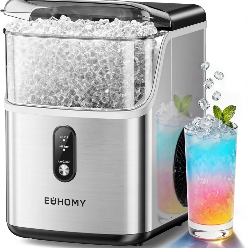 Euhomy Countertop Pellet Icemaker - 35lbs/24H Stainless Steel Pellet Ice Machine, 1.1L Capacity, Self-Cleaning Sonic Function, 7-10min Nugget Ice, Slow-Melt for Drinks, User-Friendly, 12.6x10.2x14.6in Compact Design, Standard Plug, 1-Year Warranty