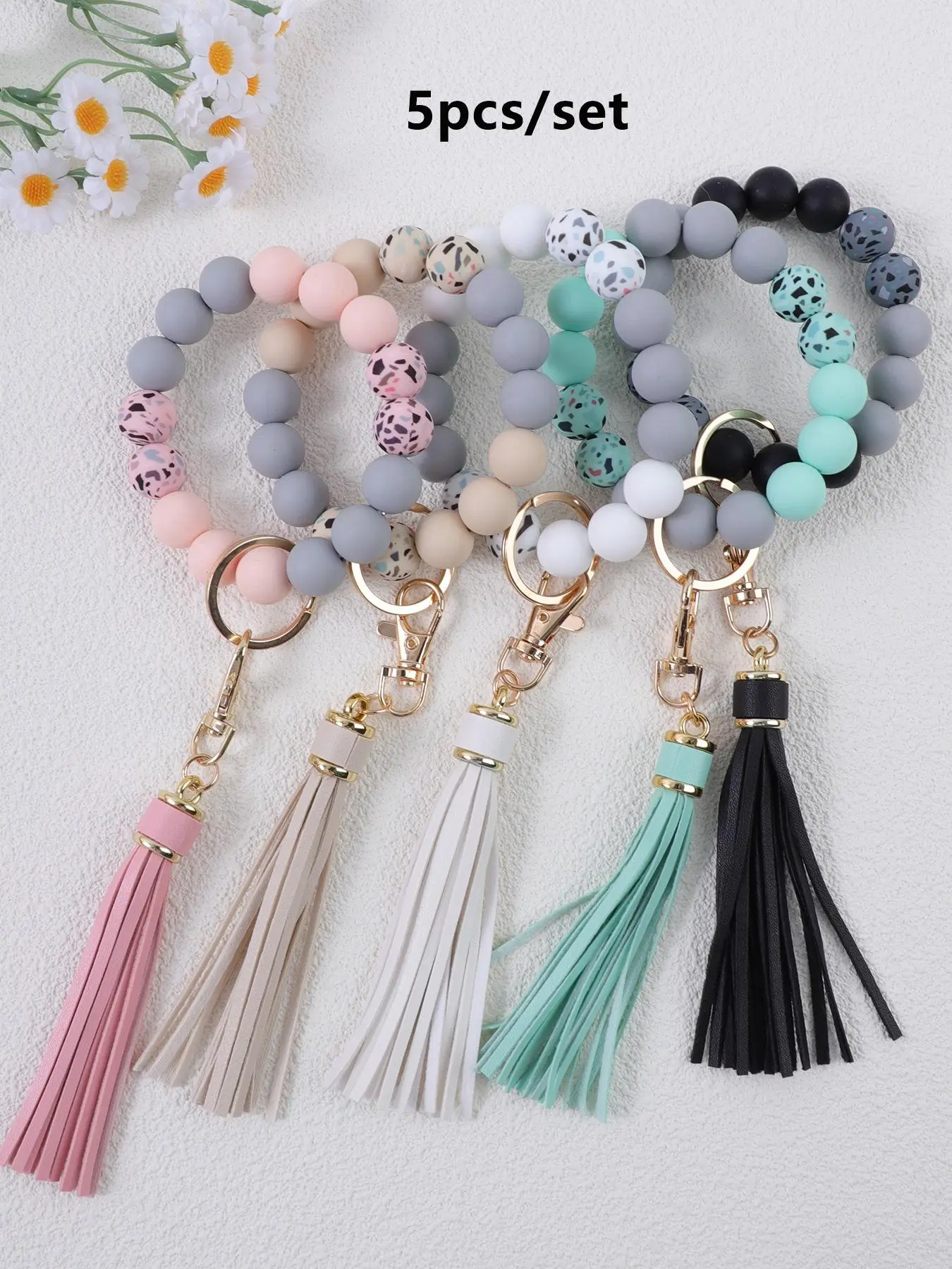 5-Piece Stone Texture Silicone Beaded Wrist Keychain Set, Car Anti-Loss Keyring, Key Chain for Car Keys, Keychain Lanyard, Holiday Gift, Perfect Gift for Mom Friend Relative