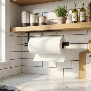 1 Pack Matte Black Self-Adhesive Paper Towel Holder Under Cabinet - No Drilling Stainless Steel Wall Mount for Kitchen & Bathroom Easy Install