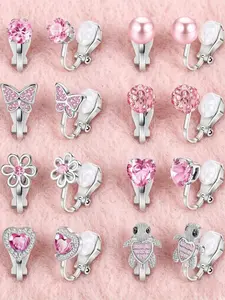 8 Pairs Pink Theme Non-Pierced Ear Clip Set for Women Men Smoothed Copper Alloy Exquisite Manual Finished Workmanship Piercing-Free Ear Adornment Series Varied Sweet Figurations Circular Frame Romantic Heart Vivid Winged Insect Blossom Flora Turtle Motifs