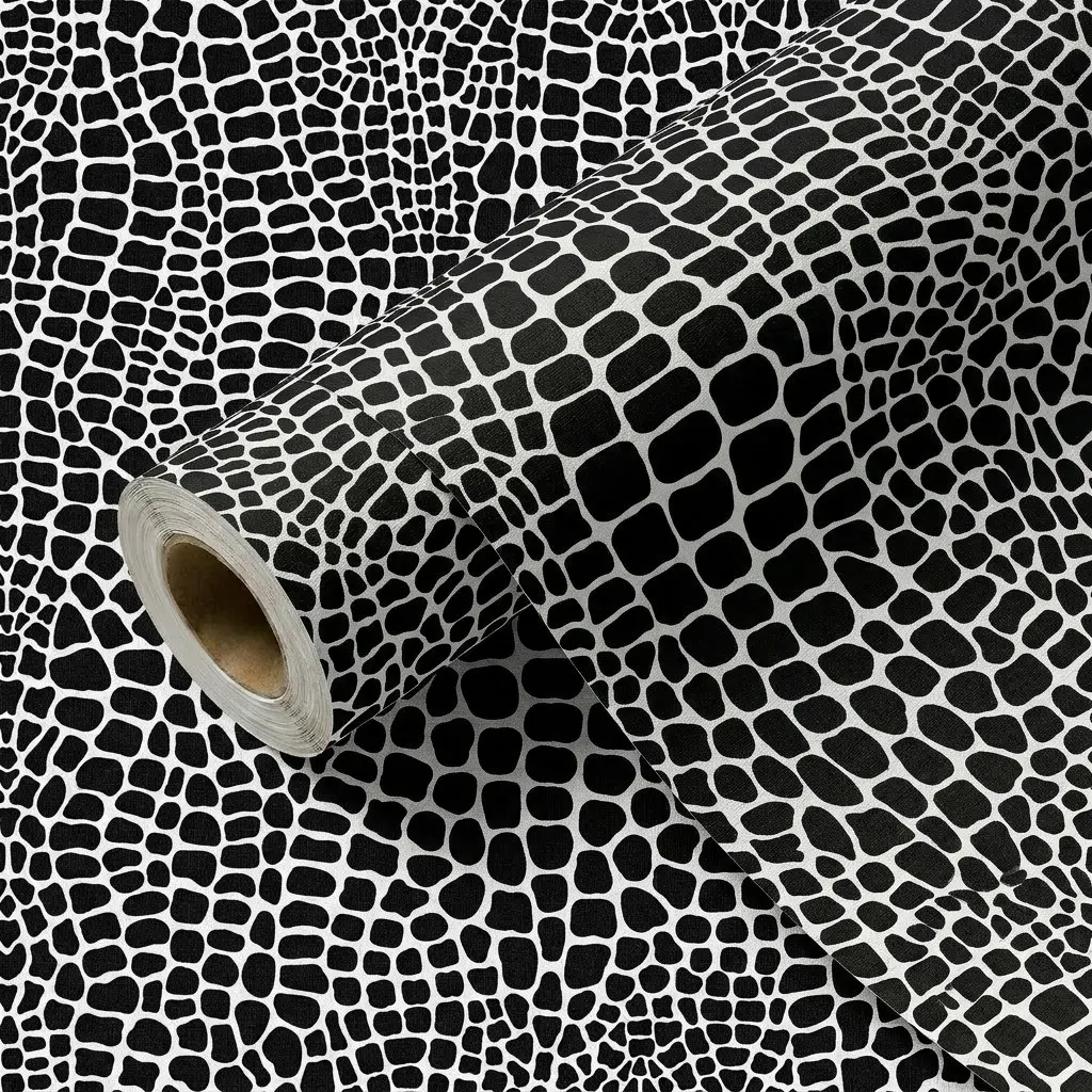 1 Roll 44.5CM(17.5") Black White Crocodile Texture Peel And Stick Decorative Wallpaper, Self Adhesive Removable Waterproof Vinyl Contact Paper For Wall Cabinet Wardrobe Home Decor