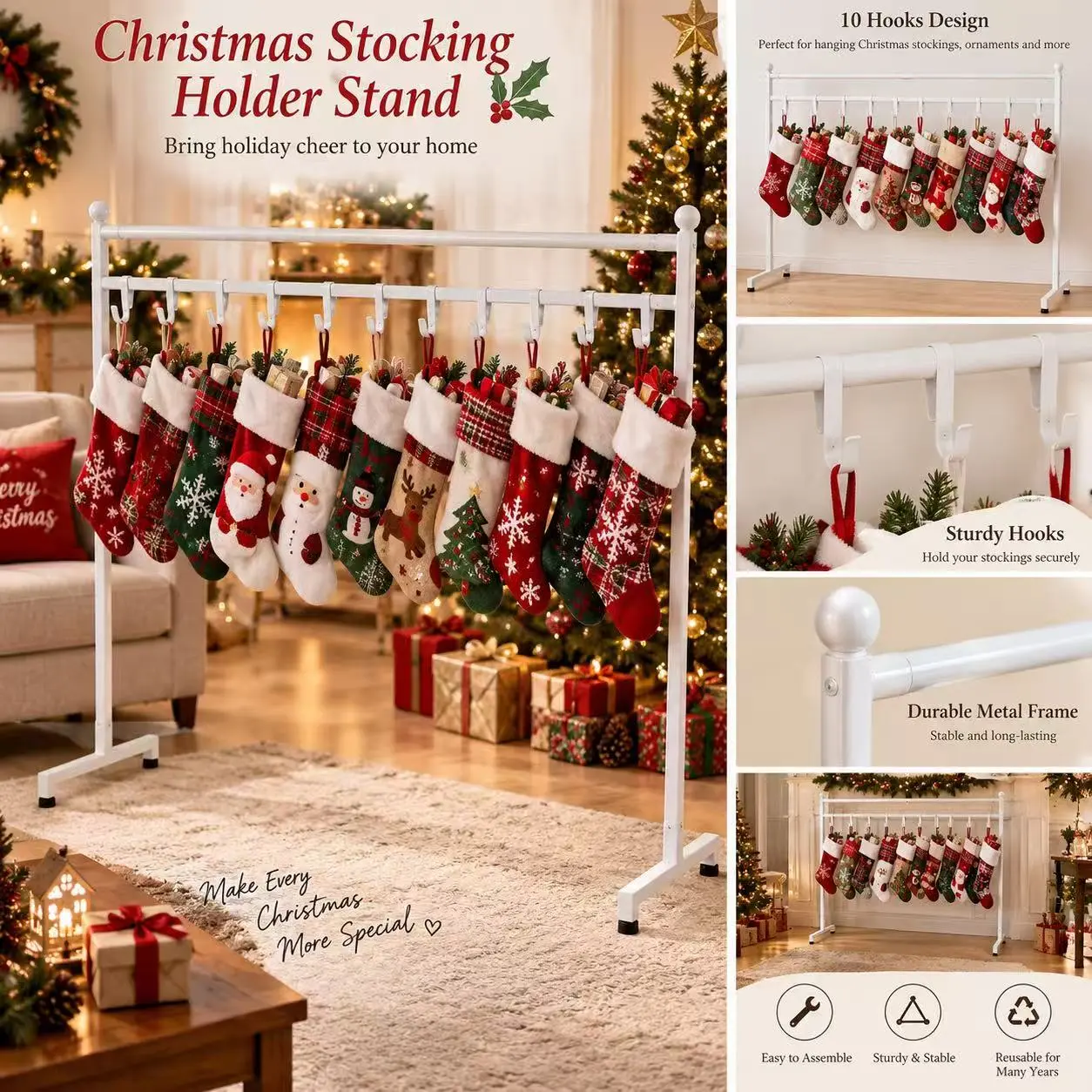 Christmas Stocking Holder Stand with 10 Hooks, 45” Freestanding Stocking Hanger Rack, Heavy Duty Metal Floor Stand for Holiday Decor, Stable White Stocking Display for Fireplace Alternative