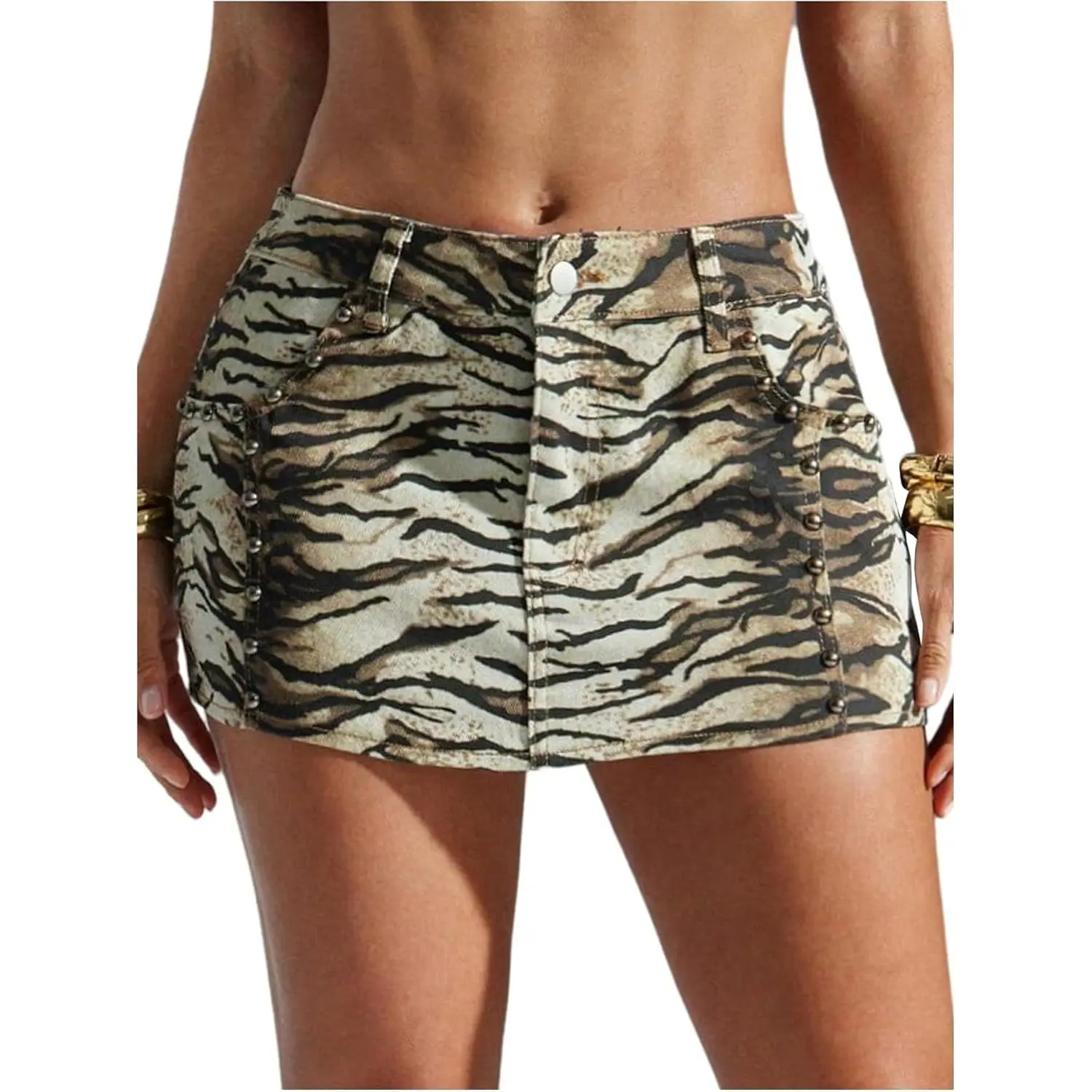 Women's Low Rise Zebra Print Denim Mini Skirt, Casual Streetwear Fashion for a Night Out Party with Pockets, Denim Material, Chic, Low Waist