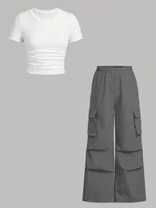 Women's Solid Ruched Ribbed Tee & Pocket Cargo Pants Two-piece Set, Street Fashion Short Sleeve T-shirt & Elastic Waist Trousers for Daily Wear, Ladies Two-piece Outfits for All Seasons