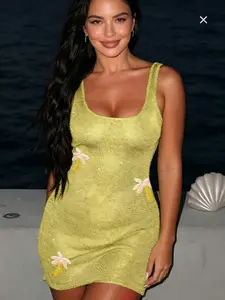 Women's Sequin Textured Mini Dress, Round Neck Sleeveless Halter Dress, Palm Tree Embroidery, Perfect for Beach Parties
