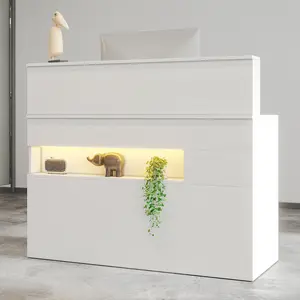 Modern Reception Desk with 15 Colors LED Stripes Retail Counter with Power Outlets USB Wood Workstation Storage Drawer Platform   for Salon Checkout Lobby Beauty Shop