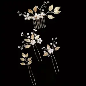 Set of 4 Elegant Leaf Faux Pearl Hair Pins Flower Headpiece Vintage Hair Accessories for Brides Bridesmaids Women,Bridal Wedding Hair Pins