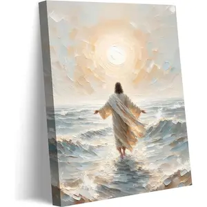 Canvas Wall Art - Jesus Walks On Water Christian Bible Stories Decorative with Wooden Frame for Living Room Bedroom Church Ready To Hang Religious Ornaments