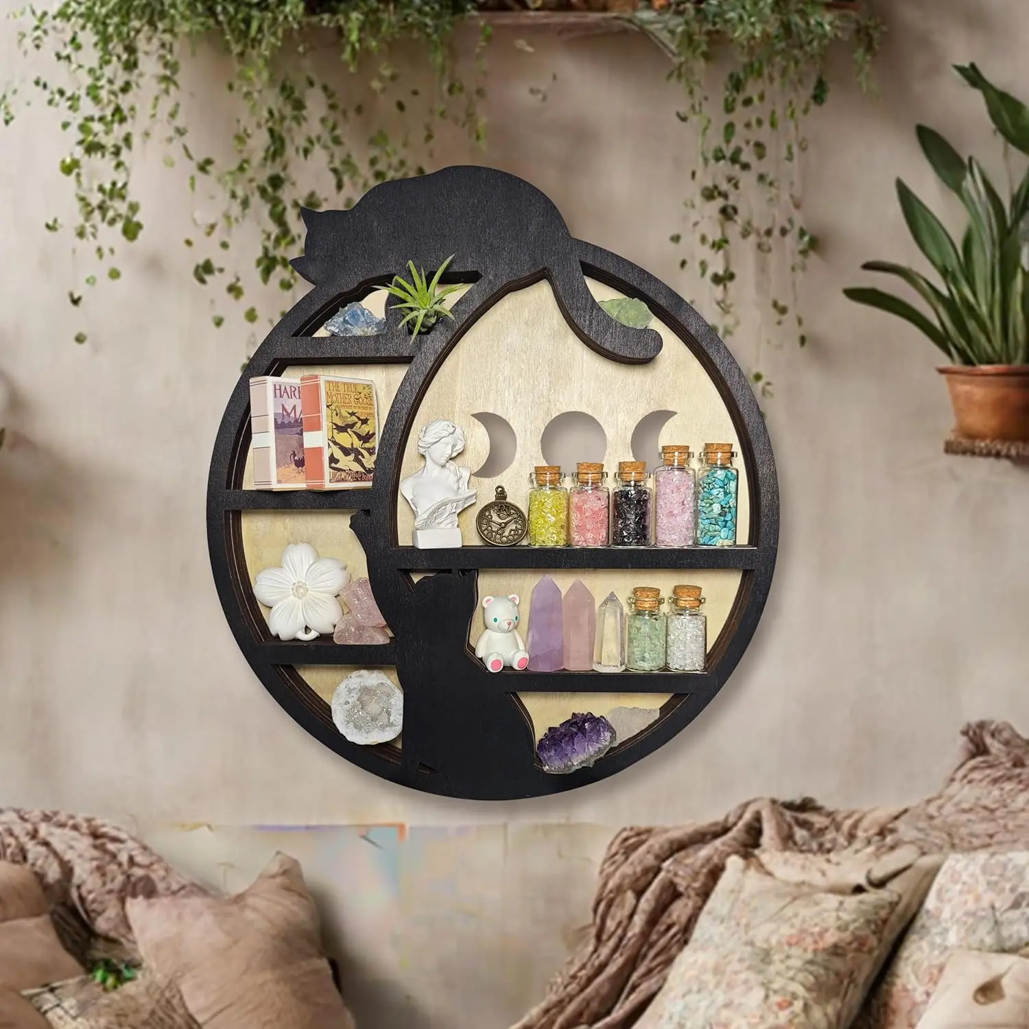 Cats on the Moon Floating Shelf – Crescent Wood Wall Display for Crystals, Gemstones & Essential Oils| Witchy Boho Home Decor