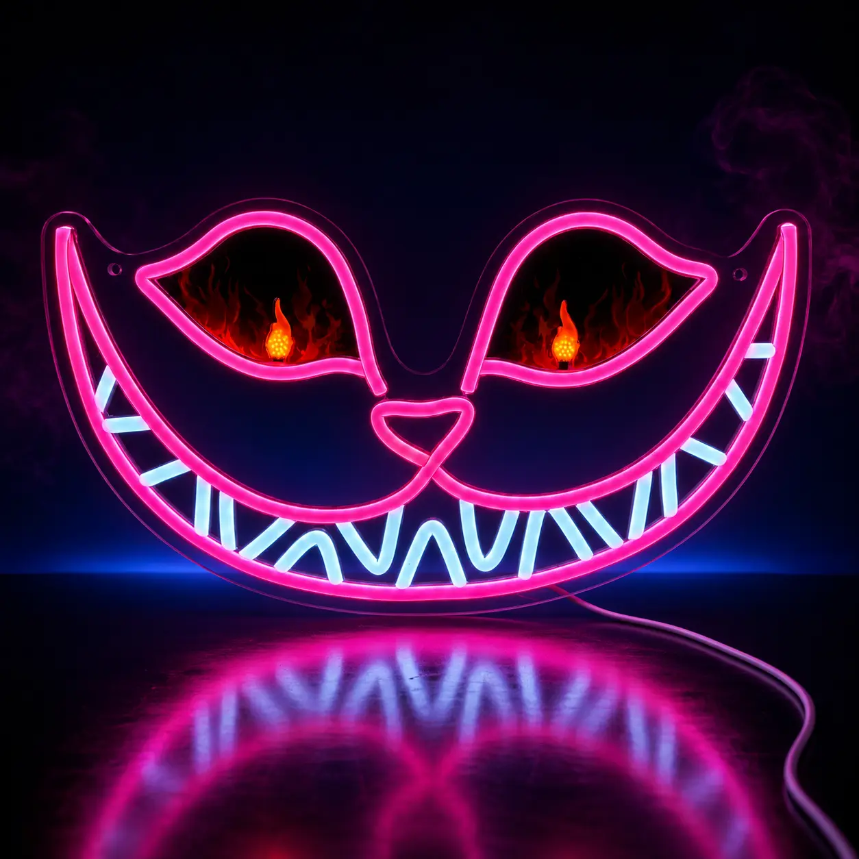 Spooky Grin Cat LED Neon Sign, USB Powered Dimmable Pink & White Wall Light, Acrylic Backboard, Evil Smile Halloween Decor, Game Room Bedroom Bar Party Wall Art, Creepy Cute Neon Gift for Horror Decor Fans