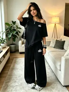 Women Ab Letter Print Off-Shoulder Oversized T-Shirt & Wide Leg Pants Set, Loose Fit, Soft Cotton, Street Style, Casual Loungewear