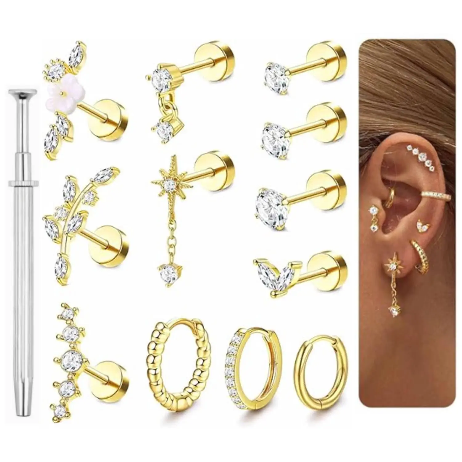 12 Pcs 16G Cartilage Earrings Helix Piercing Jewelry for Women Stainless Steel Opal CZ Conch Daith Tragus Piercing Jewelry Flower Snake Leaf Screw Back Stud Earrings Set