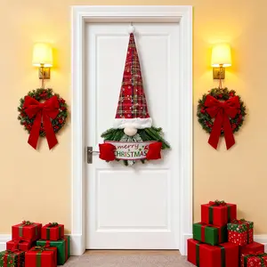 Christmas Gnome Wreath Door Decoration, 19.69"×11.81"×1.97" Plaid Santa Hat Gnome with Merry Christmas Sign, Christmas Decorations for Door, Holiday Front Door Wreath