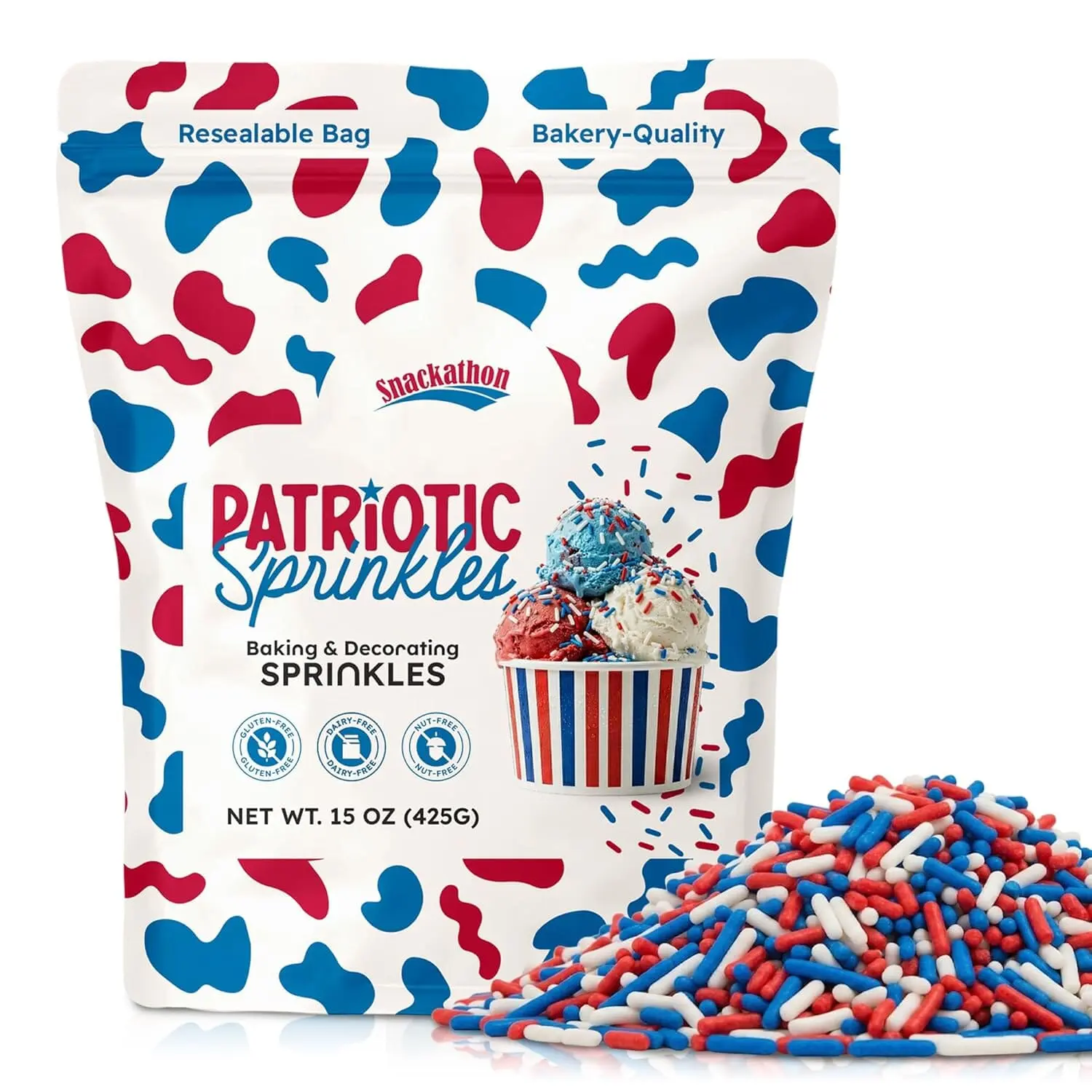 Snackathon Sprinkles for Baking & Decorating, Patriotic Sprinkles, 15 oz Jimmies in Resealable Pouch – Festive Red, White & Blue Colors for Cakes, Ice Cream, and July 4th Desserts