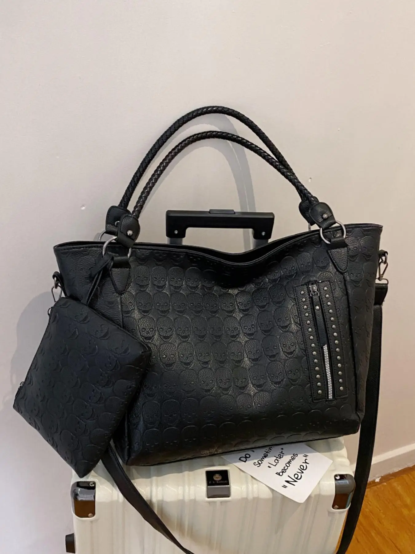 Punk Style Skull Embossed Tote Bag & Wallet, Fashionable Large Capacity Shoulder Bag & Coin Purse for Women, Casual Trendy Versatile Daily Commuting B