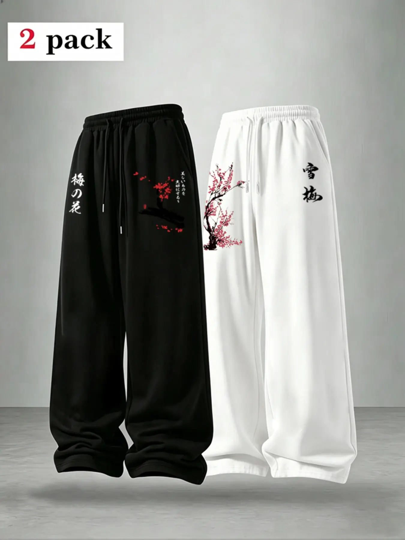 Men's Loose Floral Print Drawstring Sports Pants, Adjustable Waist Casual Long Pants, All Season Straight Leg Joggers 2 Pcs Set, Wide Leg Athleisure Style Pants Sweatpants