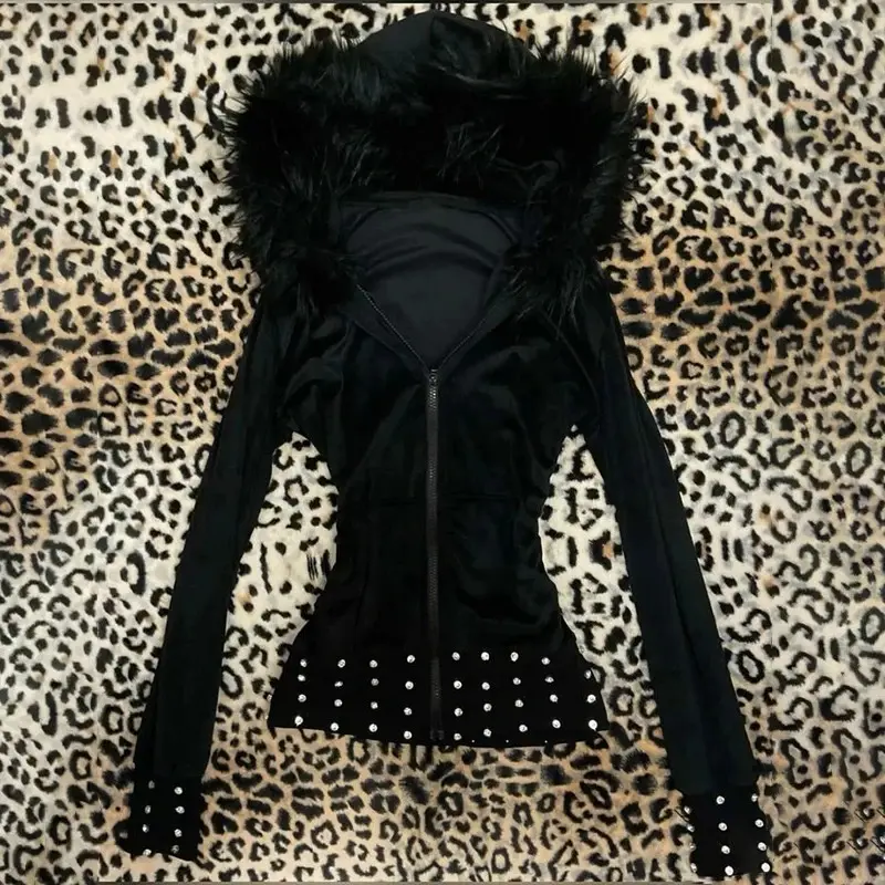 Women's Gothic Aesthetic Autumn Winter Fur Collar Hoodie Casual Slim Chic Design Cardigan Sweatshirt 2000s Harajuku Clothes
