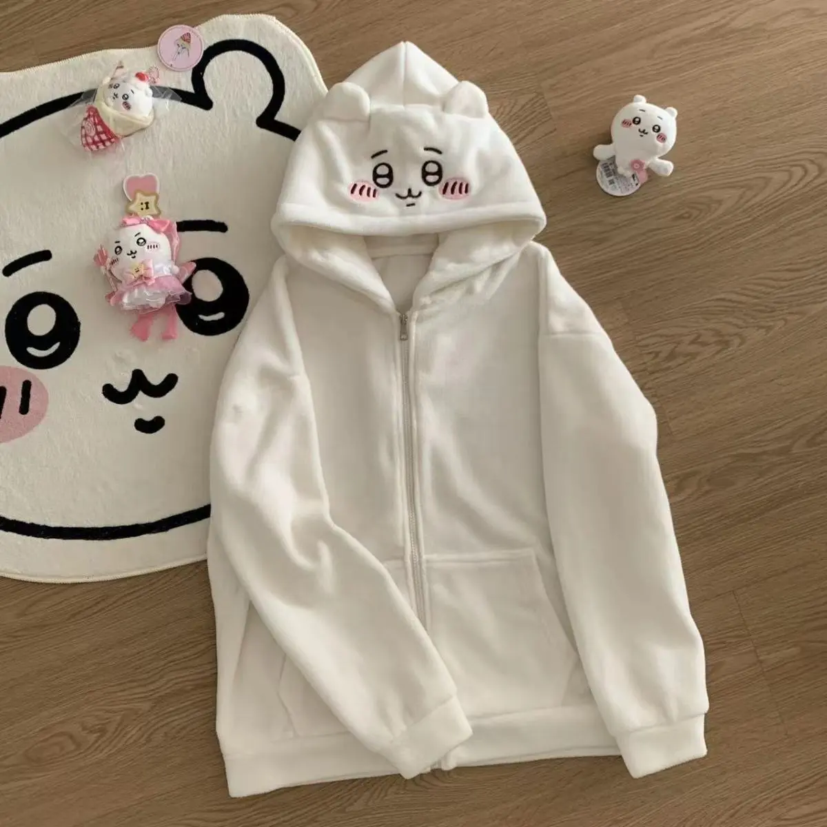 Cartoon Chiikawa Hachiware Thickened Plush Sweatshirt Jacket Spring Winter Women Warm Coat Anime Kawaii Girls Cute Cotton Tops