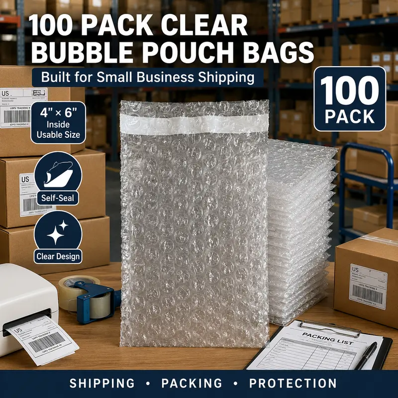 100-Pack Rectangular Transparent Self-Seal Bubble Envelopes & Postal Supplies, 4x6 in Gummed Plastic Pouches for Small Business Shipping, Protects Cables, Phone Accessories, Jewelry