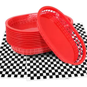 Plastic  Baskets with Liners,120 Sheets Red Checkered Deli Paper Liners and 12 Black   Basket Bulk, Classic  Baskets with Waxed Paper Liners (Red Baskets & Black Liners)