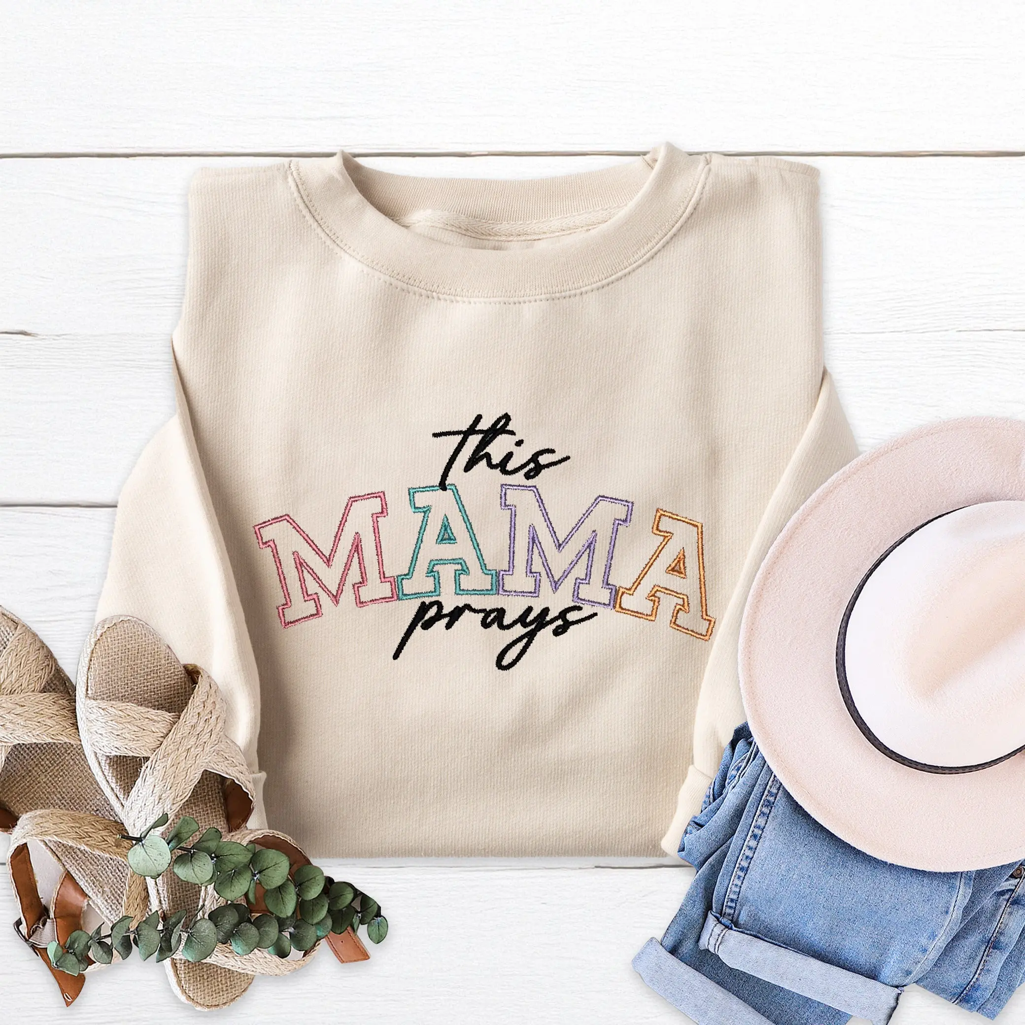 This Mama Prays Embroidered Crewneck Sweatshirt