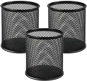 MaxGear 3-Pack Premium Mesh Metal Pen Stand Desk Supplies Set - 3.7" Tall Office Organizer, Stationery Holder with Non-Slip EVA Pads, for Home & Cubicle Work Accessories