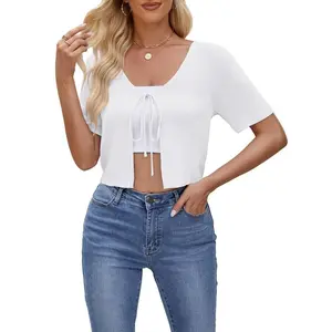 Womens Cropped Cardigan Tie Front Short Sleeve V Neck Tops Ribbed Knit Sweater Cardigan Open Front Cardigan Tie Front Soft Tops,White - 2XL