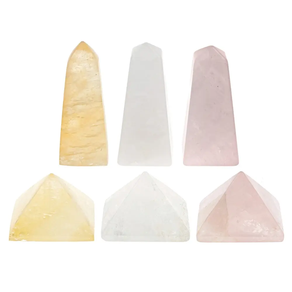 JTV Calcite, Rose and Crystal Quartz Obelisk and Pyramid Set of 6 JTV Calcite, Rose and Crystal Quartz Obelisk and Pyramid Set of 6