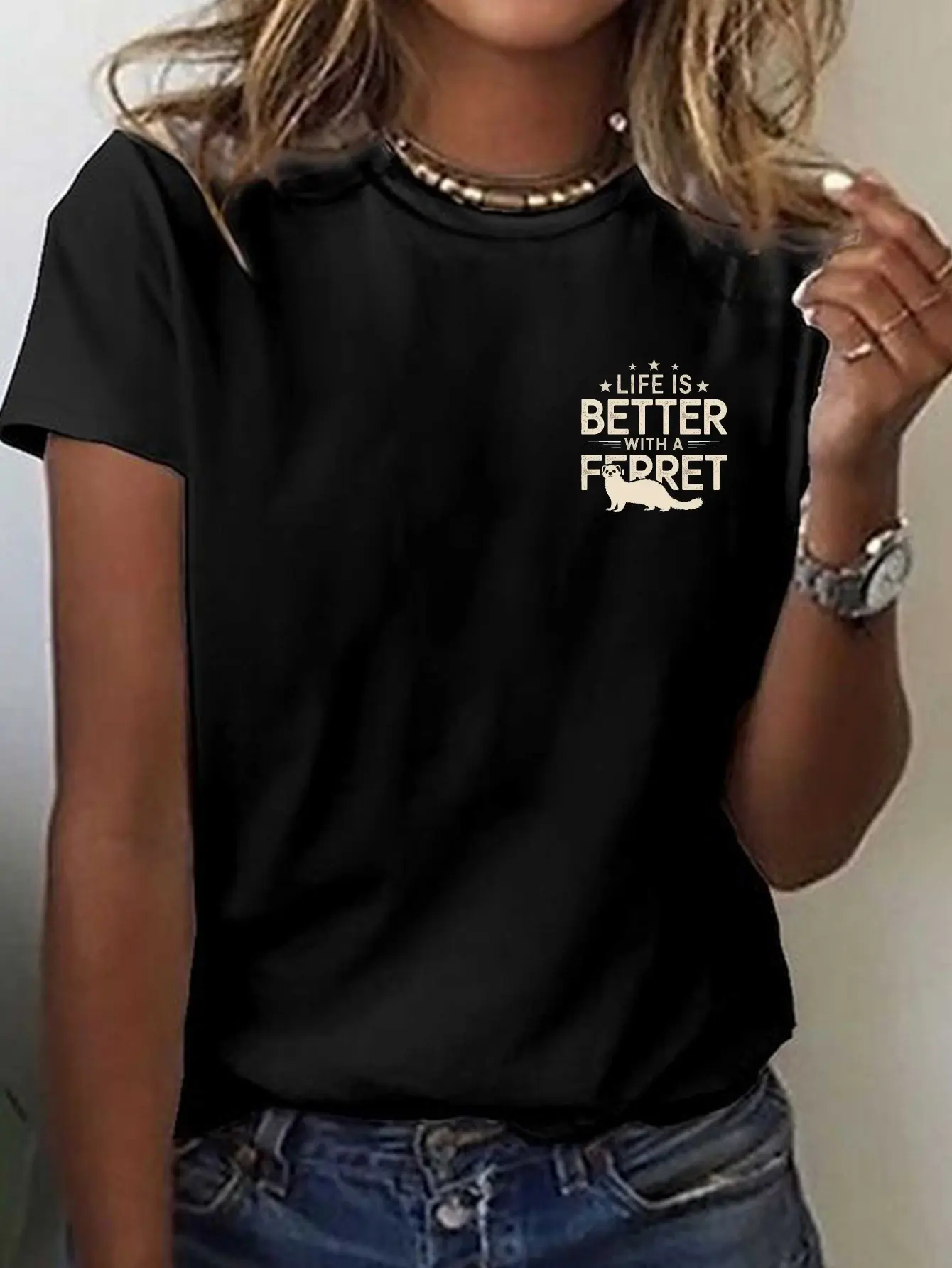 Life Is Better with Ferret Print T-Shirt, Short Sl unisex soft cotton short sleeve t shirt, vintage graphic casual tee for men women teens, perfect birthday holiday gift for camping travel gym daily street casual wear