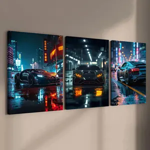 3 Counts Wooden Framed Canvas, Night City Supercars Poster, Exquisite Poster, Perfect Living Room Decoration, Modern Art, Modern Minimalist Design, Fashion Family Poster, Wall Art Decoration, Odorless, Waterproof, Artwork